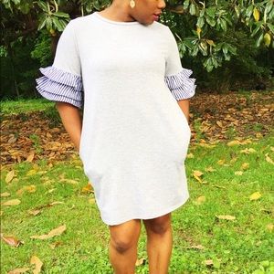 GREY RUFFLED SLEEVE DRESS